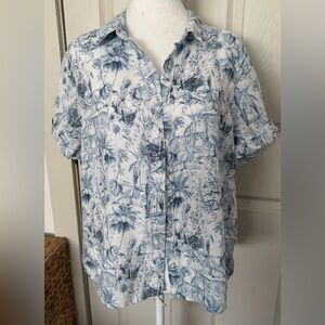 Rachel Zoe Safari Shirt with Blue and White Woman Sz L 100% Linen button down